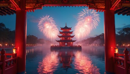 Traditional red pagoda structure at water edge under night sky with fireworks display. Reflecting lights on lake surface, mist rising, creating serene, peaceful atmosphere. Asian architecture,