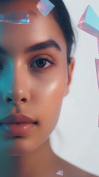 A hyper-realistic surreal portrait of a young woman, captured in close-up with an 85mm lens effect. Her face appears gently fragmented into floating translucent shards, softly glowing with pastel pink