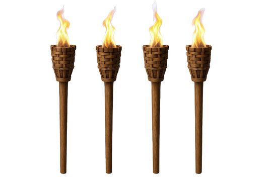 Four Tiki Torches with Woven Bamboo Holders and Flickering Flames Illuminating the Night