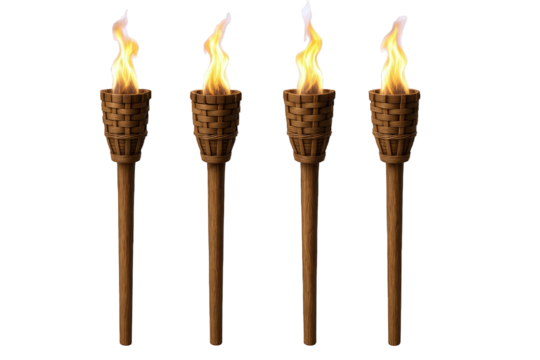 Four Tiki Torches with Woven Bamboo Holders and Flickering Flames Illuminating the Night
