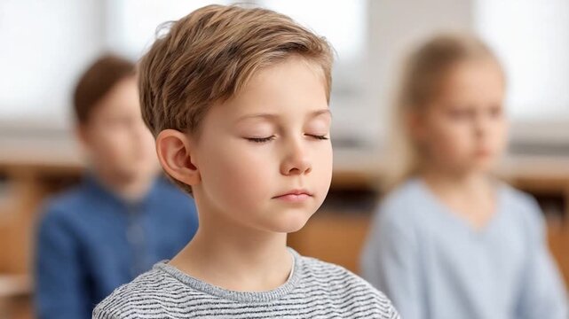 Quiet Contemplation: A young boy with closed eyes, finding peace and calm, sits serenely, embodying mindfulness and focused serenity in a school setting.