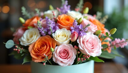 Obraz premium Vibrant spring bouquet featuring mix of roses, tulips, lavender in pastel shades. Arranged in modern hat box, floral creation suits flower shop display home decor. Offers beauty, freshness for