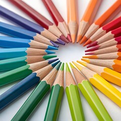 Fototapeta premium Colorful pencils arranged in a vibrant circular pattern