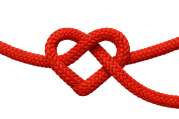 Crimson cord intertwining into heart silhouette, symbolizing romantic connection against clear backdrop