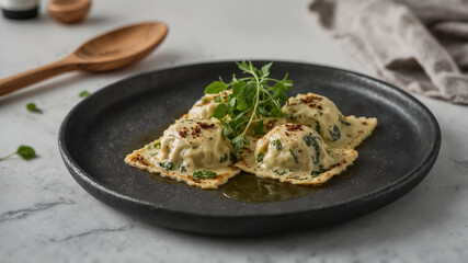 Gourmet Ravioli with Spinach and Cream Sauce on Dark Plate pasta italian food