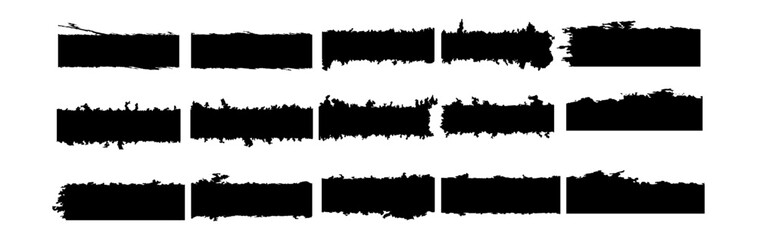 This high resolution collection features a set of isolated black rectangular brush strokes with grunge and torn edge textures. Ideal for use as frames, text boxes, or design overlays.