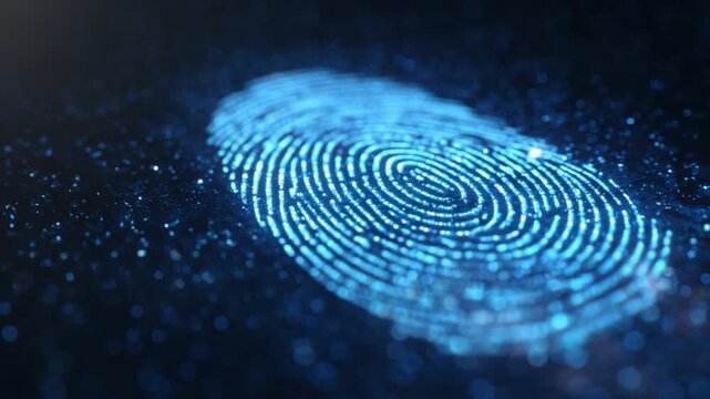 Digital fingerprint: A close-up view of a luminescent fingerprint, a symbol of security and unique personal identification. Capturing the essence of digital technology and privacy.