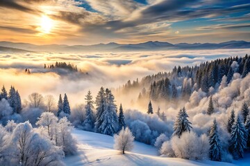 Obraz premium Golden sunrise illuminates snow covered forest peaks above a sea of clouds