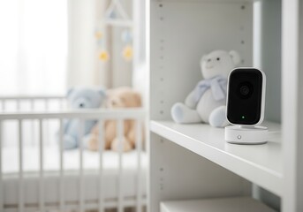 Baby monitor security. Modern wireless smart camera on shelf in bright nursery, ensuring peace of mind and childcare safety near crib and toys.