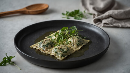 Spinach Ravioli with Creamy Sauce and Fresh Greens pasta italian food