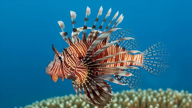 A close-up of a lionfish hovering over a coral reef. The camera moves smoothly, emphasizing the beauty and exoticism of the underwater world.