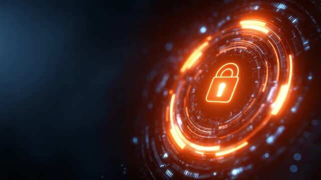 Digital Lock: A close-up digital illustration of a glowing padlock surrounded by concentric circles, symbolizing secure data protection and cyber security in a modern, tech-driven environment.