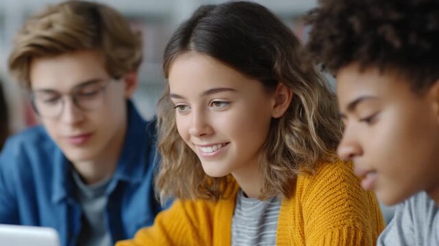 Focused Learning: A group of students, immersed in their studies. A scene of focused learning, reflecting on shared purpose. A photorealistic image that is a vibrant tableau of education.