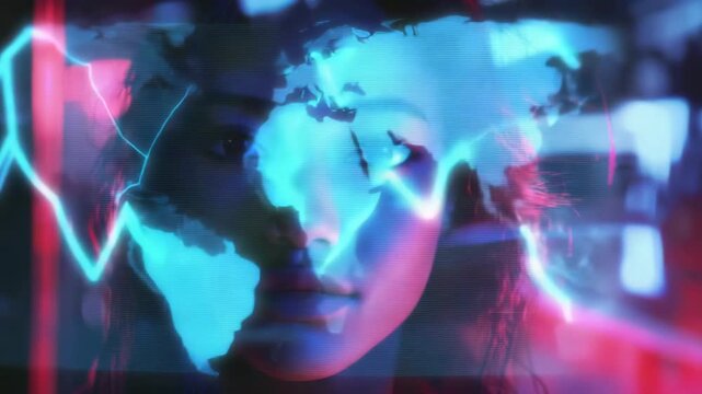 Futuristic digital world map overlay neon blue pink lighting woman face with glowing checkmark and glitch effects creating mysterious technological - Powered by Adobe