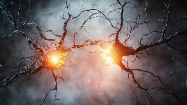 Neurons with glowing synapses transmitting signals in dark neural network illustrating brain activity communication and electric impulses