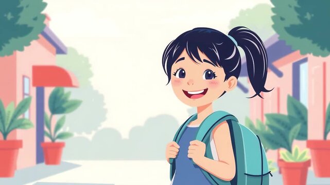 Happy schoolgirl with a backpack waiting for classes to start, cartoon vector style, child walking to school on the street
