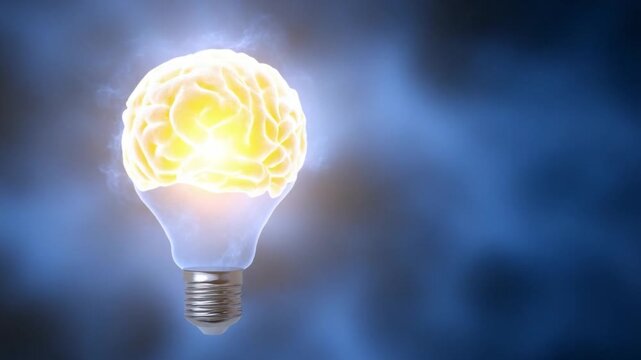 Illuminating Innovation: A luminous lightbulb, intricately shaped like a human brain, radiates brilliance against a nebulous backdrop, embodying the essence of inspiration and groundbreaking thought.