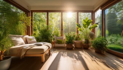 Fototapeta premium a serene room surrounded by greenery and bathed in warm sunlight creates a cozy atmosphere for relaxation reflecting a harmonious blend between indoor and outdoor spaces