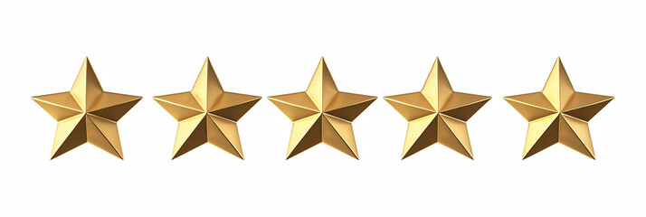 Obraz premium Five golden 3D stars in a row with metallic smooth surface and geometric low-poly style isolated on transparent background