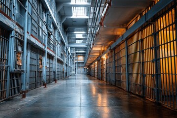 Fototapeta premium Captivating view of an old prison corridor featuring cells in dim lighting