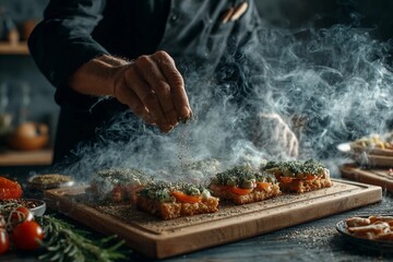 Master chef preparing gourmet canapés with fresh ingredients in a stylish kitchen