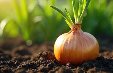 Golden onion bulb with fresh green shoots emerges from dark rich soil. Vibrant vegetable healthy organic produce, natural growth, farm harvest. Close-up view emphasizes earth bounty for nourishment,