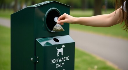 Woman disposes dog waste in park bin.
