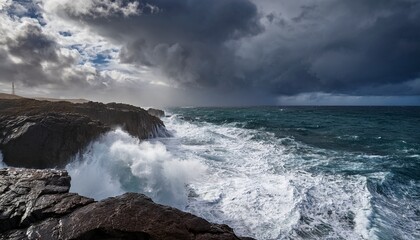 Fototapeta premium stormy ocean waves crashing against dark rocky cliffs under dramatic cloudy sky creating intense and powerful natural seascape scene