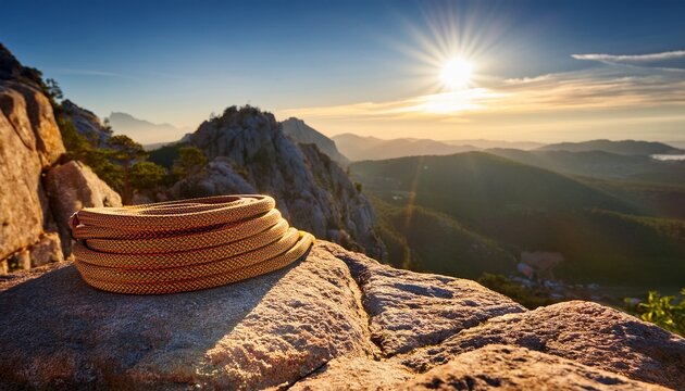 durable climbing rope coiled on rocky outcrop ready for ascent sunlight highlights strength and resilience in stunning mountain landscape perfect for outdoor adventure photography