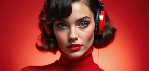 Fototapeta premium Young woman with retro hairstyle, red clothing wears headphones. Chic 60s style portrait captures vintage glamour, timeless fashion. Woman enjoys music, embodying classic elegance, nostalgic era.