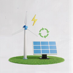 Renewable Energy Sources: Wind Turbine and Solar Panel with Sustainability Symbol