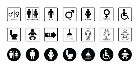 Restroom and toilet accessibility signs for men women children and disabled individuals. Solid icon set of Restroom and Toilet signs perfect for direction stickers