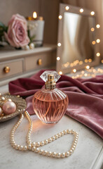 Romantic Perfume Bottle with Pearls, Pink Roses, and Vanity Mirror Lights