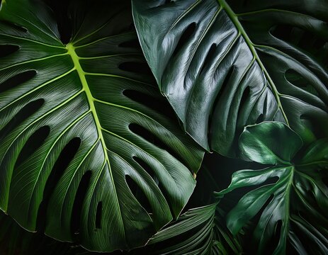 dark green tropical monstera leaves with dramatic lighting and textured details create a lush and mysterious botanical background for natural design and decoration