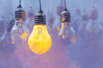 One glowing yellow light bulb standing out from the crowd of unlit bulbs, symbolizing creativity and innovation. Pastel purple background. Bright idea concept. Creative inspiration. Innovative notions