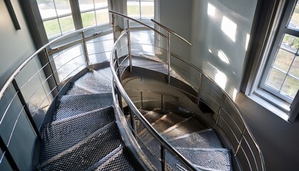 Fototapeta premium curved metal staircase with textured diamond plate steps spirals downward illuminated by soft daylight and dynamic shadows in a modern industrial interior