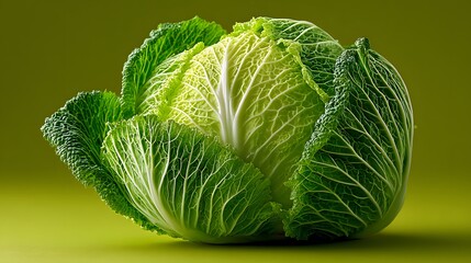 Fresh savoy cabbage head close up on green background healthy eating concept