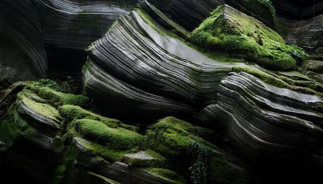 intimate close up of lush layered rock formation with soft moss accents in rich dark gray tone
