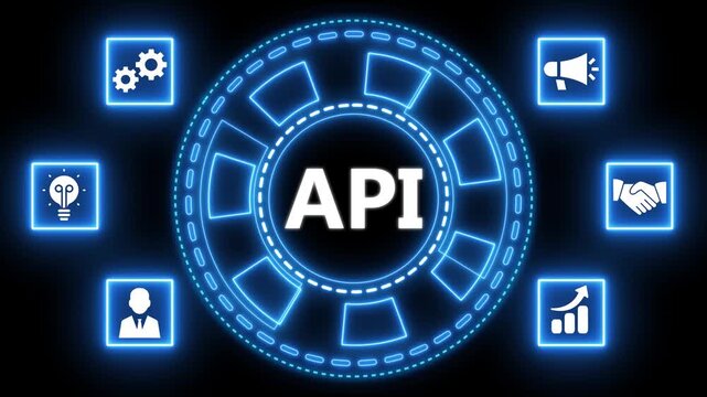 Animated illustration of api concept with associated business and technology symbols