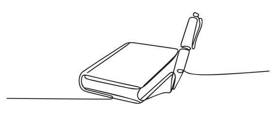 Minimalist line drawing of a closed book and pen writing reading