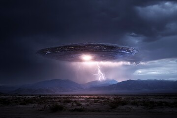A large circular UFO hovers over a desert landscape amid a lightning storm