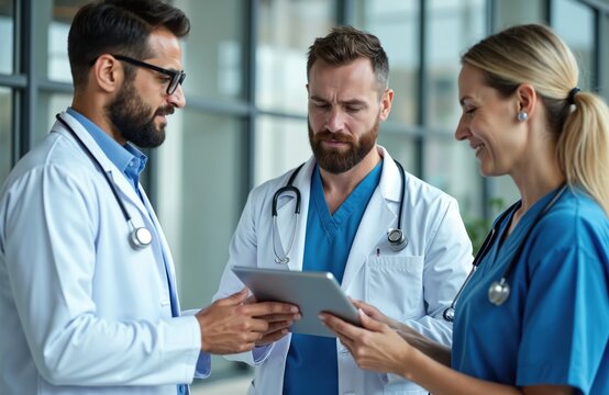 Medical professionals, doctors, nurse, collaborate discussing patient data on tablet in bright, modern clinic. Pharmaceutical representative shares information about medication. Teamwork,