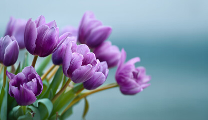 Obraz premium Close up of vibrant purple tulips against a soft blue background spring flowers floral