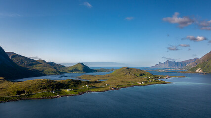 Aerial View Of Coastal Village Fredvang In Torsfjord On Lofoten Islands In Norway