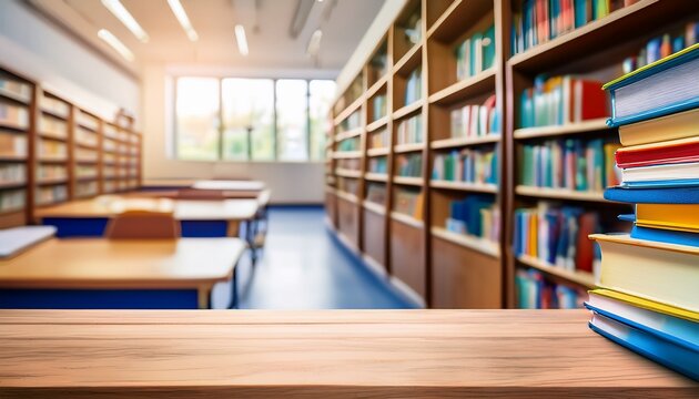 blurred background of school library with books on shelves - Powered by Adobe