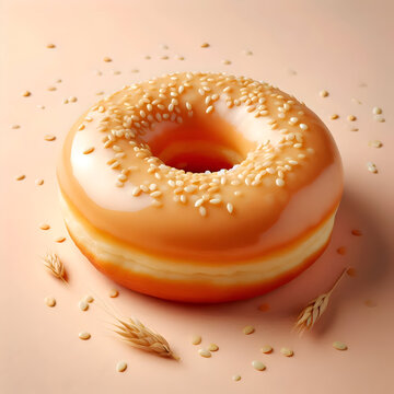 Single donut with golden honey glaze, topped with light sesame seeds, pastel beige background