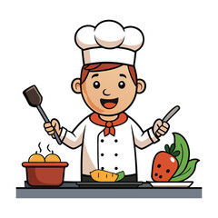 Happy Cartoon Chef Cooking and Kitchen vector illustration 