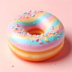 Single donut with pastel rainbow glaze, soft light pink background, elegant minimal style, ultra detailed texture
