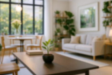 Blurred view of modern living room with sofa and soft bench. room interior with couch, armchair and coffee table or shelving units. stylish living room. comfortable workplace near big window.