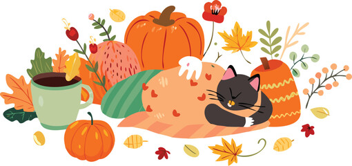 Vector illustration of an autumn pumpkin harvest, a festive orange gourd with leaves perfect for Thanksgiving and Halloween designs